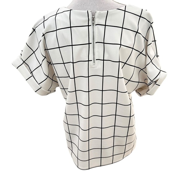 MELLODAY White with Black checks v neck short cuffed sleeves blouse top medium - Picture 6 of 8